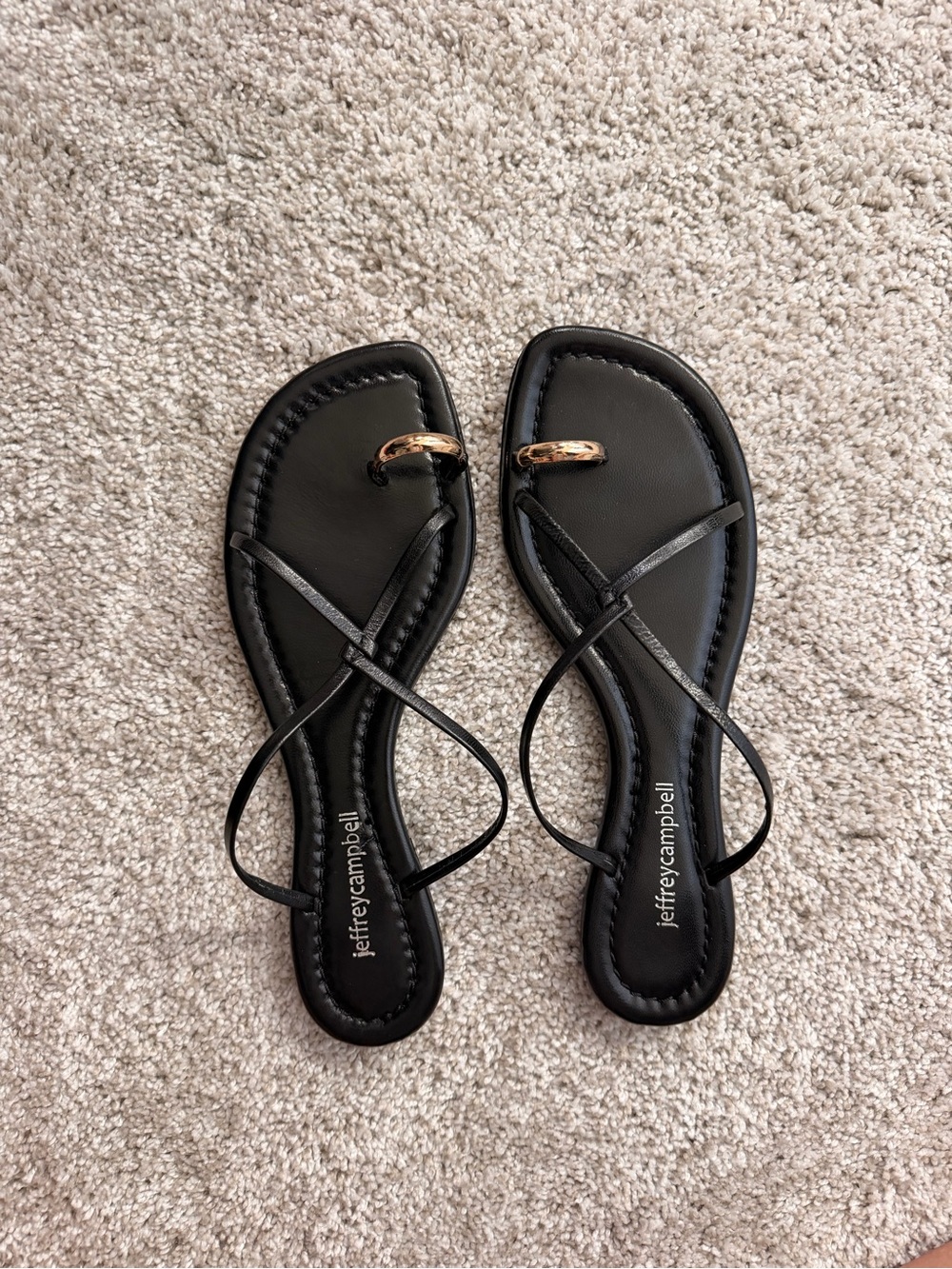 Jeffrey Campbell Black Sandals with Gold Toe-Ring Accent